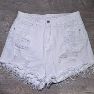 SHEIN White Distressed Denim Shorts